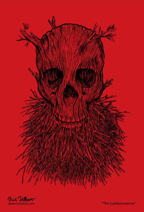 Lumbermancer (Red) | Nick Volkert A skull with branches growing out of the jaw and head on red.