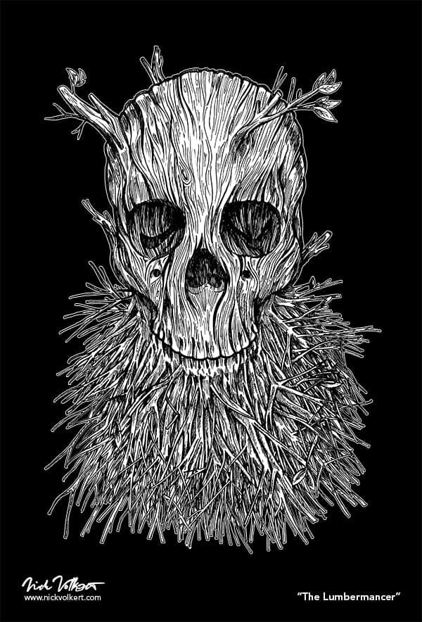 Lumbermancer (Black) | Nick Volkert A skull with branches growing out of the jaw and head on black.