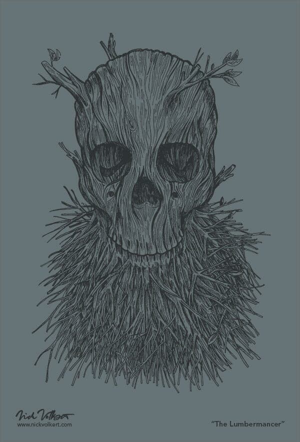 Lumbermancer (Grey) | Nick Volkert A skull with branches growing out of the jaw and head on grey.