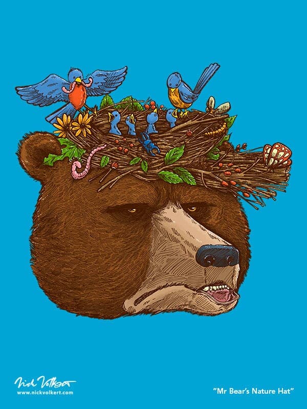 Mr Bears Nature Hat | Nick Volkert An annoyed grizzly bear deals with springtime birds making him a hat that serves as their nest.