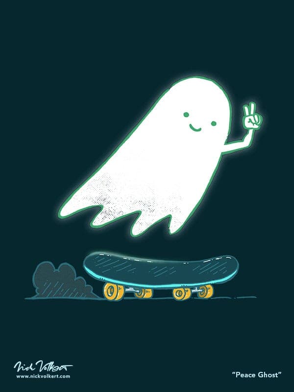 Peace Ghost | Nick Volkert A happy ghost cruises by, hovering over a skateboard in motion while giving the peace sign.