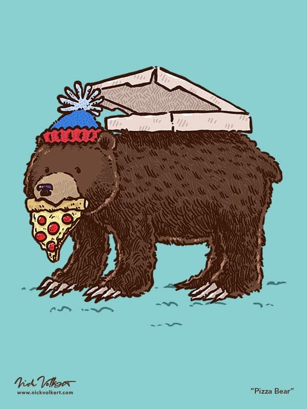 The Pizza Bear | Nick Volkert A large grizzly bear sneakily sneaks off with a large pizza and a slice in its mouth.