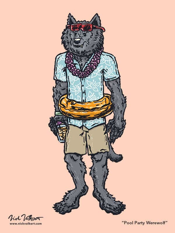 Pool Party Werewolf | Nick Volkert A werewolf chills at a pool party looking either slightly annoyed or trying his best to not go full werewolf attack on everyone.