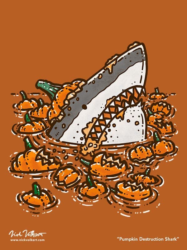 Pumpkin Destruction Shark | Nick Volkert A shark covered in pieces of pumpkins peeks out of the water to assess all the pumpkin destruction!
