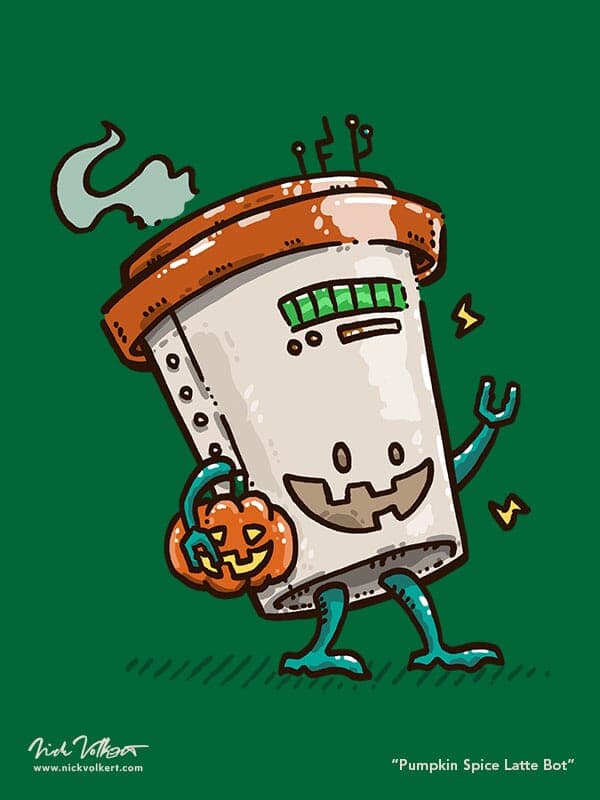 Pumpkin Spice Latte Bot | Nick Volkert A happy robot in the shape of cup of coffee walks by the viewer while carrying a pumpking and smiling with its robotic jack o' lantern face!