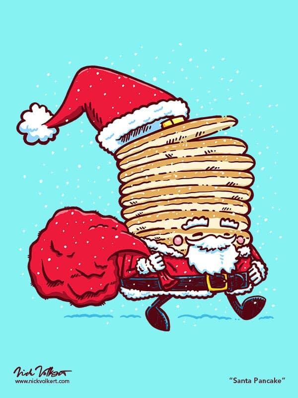 Santa Pancake | Nick Volkert Captain Pancake is dressed as Santa Claus carrying a huge bag of presents.