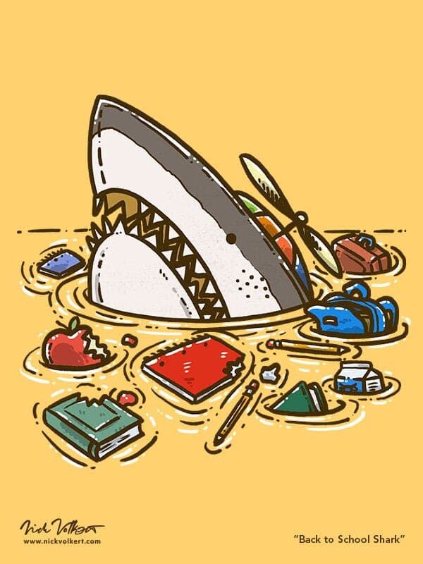 Back to School Shark | Nick Volkert A shark peeks out of the water wearing a spinning helicopter hat with all of his books and school supplies in disarray floating in the water.