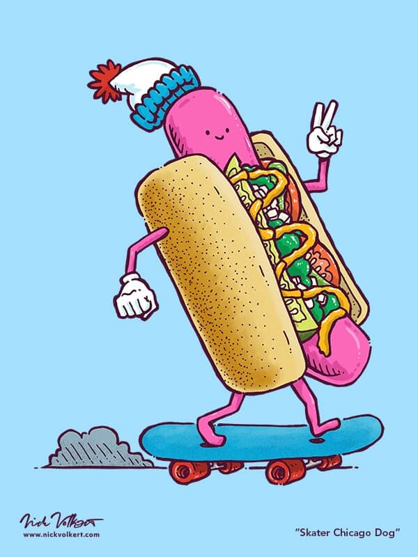 Skater Chicago Dog | Nick Volkert A chicago-style hot dog is riding on a skateboard while wearing a stocking cap and giving a peace sign to the viewer.
