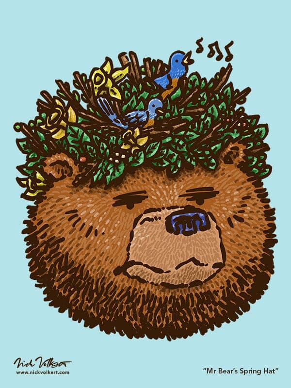 Mr Bear's Spring Hat | Nick Volkert A large grizzly bear appears to be super annoyed to wake up from its hibernation to find a sweet Spring-themed hat on his head built by the local birds.