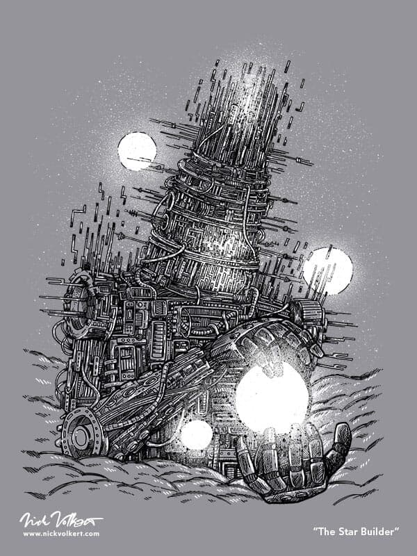 The Star Builder | Nick Volkert A robot builds a star with its hands in the depths of space.