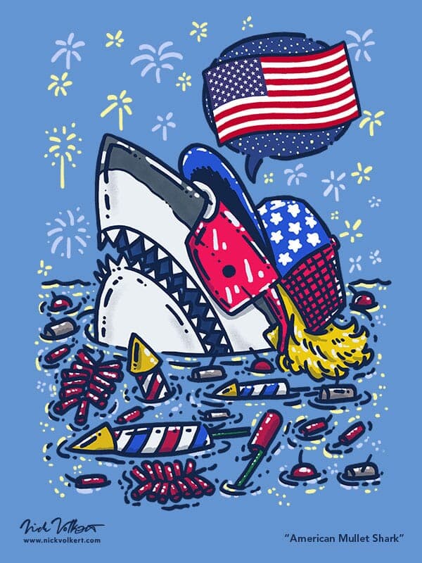 American Mullet Shark | Nick Volkert A patriotic shark peeks out of the water, surrounded by unlit fireworks, sporting a blonde mullet and red sunglasses as fireworks go off in the background.