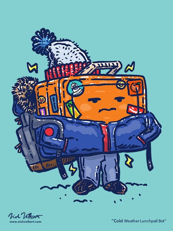 Cold Weather Lunchpail Bot | Nick Volkert A less than enthusiastic robot lunchpail is bundled up in a winter coat and stocking cap while waiting for the bus in cold weather.
