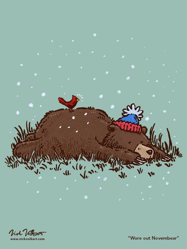 Wore out Novembear | Nick Volkert A grizzly bear is all tuckered out in a patch of grass while a red cardinal is perched on its back.