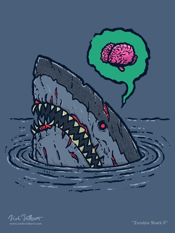 Zombie Shark II | Nick Volkert A shark peaks out of the water in bad shape looking horrifying and looking for brains.