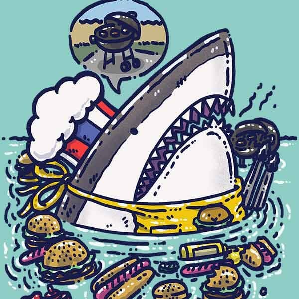Summertime Burgers And Dogs Shark | Nick Volkert A patriotic shark emerges from the water with hot dogs, burgers and condiments and is working the grill with his apron and tongs.