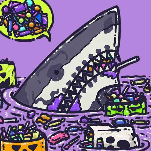 Halloween Candy Destruction Shark | Nick Volkert A shark peeks out of the water wearing facepaint as a skull, surrounded by scores of Halloween candy.