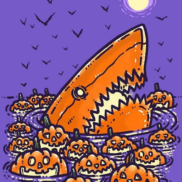 Jack O'Lantern Shark | Nick Volkert A sharks that has become a jack o'lantern peeks out of the water surrounded by a small group of pumpkins with jack o'lantern faces carved in them and lit up!