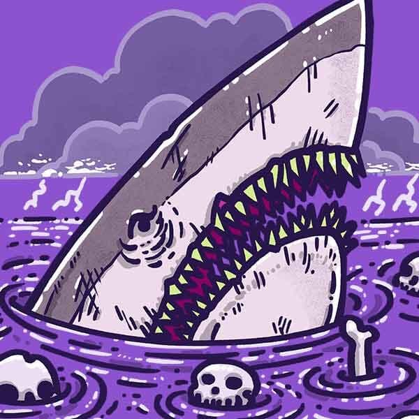 The Nightmare Shark | Nick Volkert A scary shark rests in the water surrounded by bones.