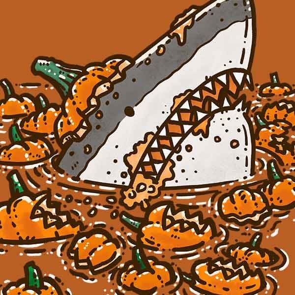 Pumpkin Destruction Shark | Nick Volkert A shark covered in pieces of pumpkins peeks out of the water to assess all the pumpkin destruction!