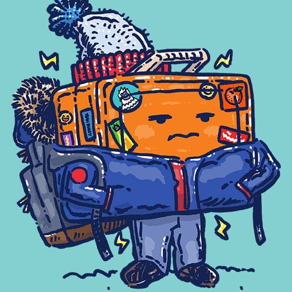 Cold Weather Lunchpail Bot | Nick Volkert A less than enthusiastic robot lunchpail is bundled up in a winter coat and stocking cap while waiting for the bus in cold weather.