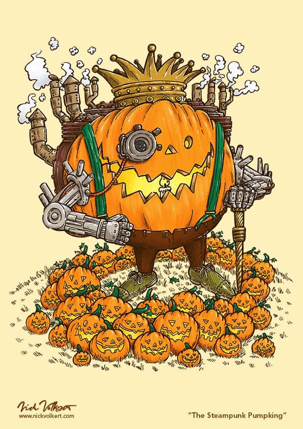 The Steampunk Pumpking | Nick Volkert A pumpkin powered by steam has robotic arms and stands over an assortment of jack o' lanterns.