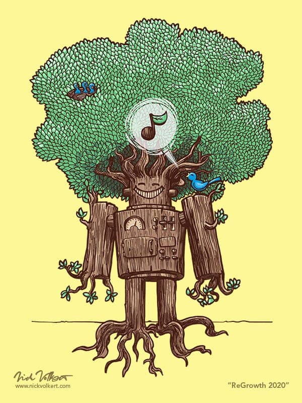 ReGrowth 2020 | Nick Volkert A wooden robot regrows it's leaves and roots as it hosts a family of small song birds.