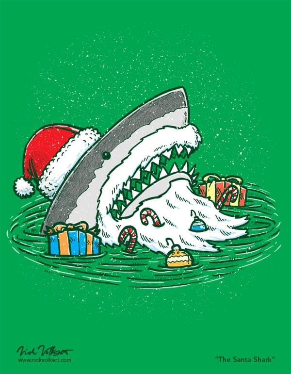 Santa Shark | Nick Volkert A shark dressed like Santa Claus emerges from the water with presents and candy.