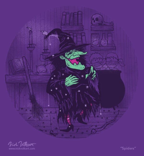 Spiders | Nick Volkert A witch is tickled by spiders covering her body, while evil things lurk in the background.