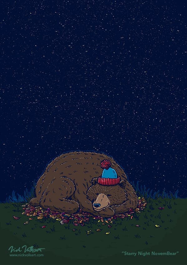 Sleepy Night Novembear | Nick Volkert A bear with a stocking cap sleeps under a starry night sky.