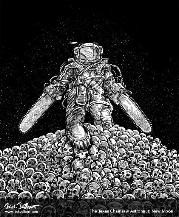 Texas Chainsaw Astronaut: New Moon | Nick Volkert An astronaut with chainsaws for arms steps over a large pile of skulls.