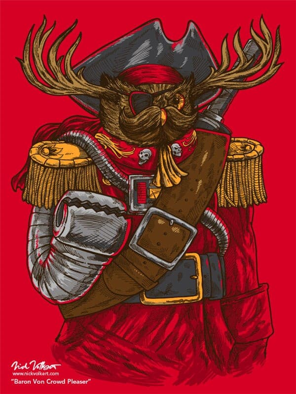 Baron Von Crowd Pleaser | Nick Volkert A ninja robot owl with antlers that's a captain holds his robot arm up.
