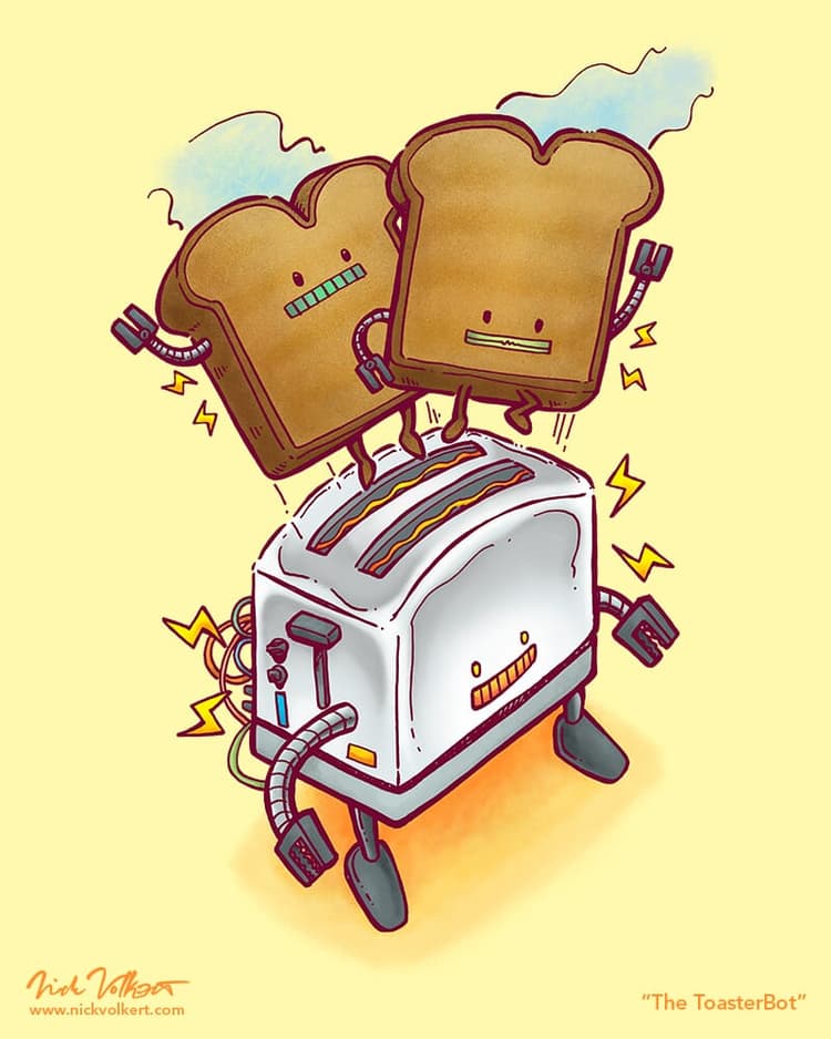 The Toasterbot | Nick Volkert A robot toaster is ejecting his two toasted robot friends.