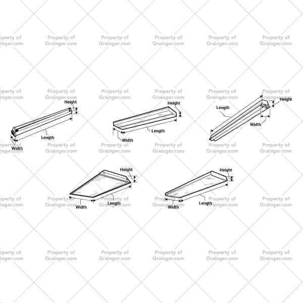 Ballasts | Nick Volkert A selection of technical line art drawings in black and white of light ballasts illustrating their dimensions as a search and browse graphic for Grainger.