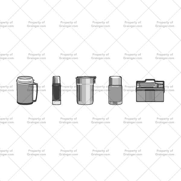 Beverage Holders | Nick Volkert A selection of line art drawings in grayscale of a group of beverage holders and coolers as a search and browse graphic for Grainger.