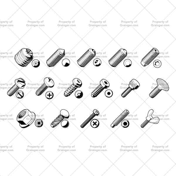 Bolts And Screws #2 | Nick Volkert A selection of technical line art drawings of a variety of bolts and screws with different head types as a search and browse graphic for Grainger dot com.