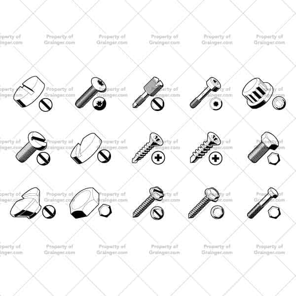 Bolts And Screws #1 | Nick Volkert A selection of technical line art drawings of a variety of bolts and screws as a visual categorical search and browse graphic for Grainger dot com.