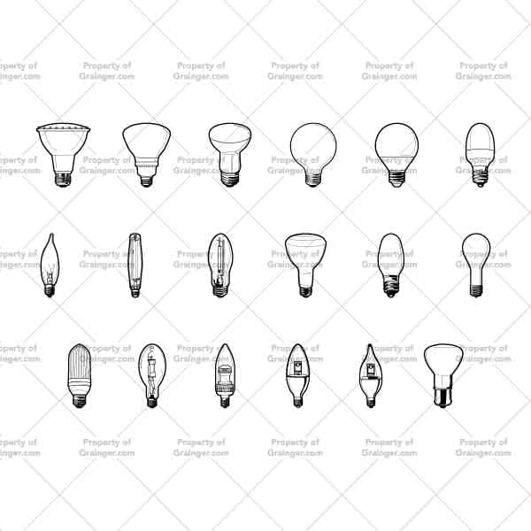 Bulbs #2 | Nick Volkert A selection of technical line art drawings of a variety of interior type light bulbs as a search and browse graphic for Grainger dot com.