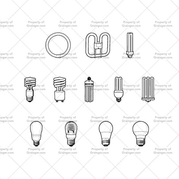 Bulbs #3 | Nick Volkert A selection of technical line art drawings of a variety of LED-type light bulbs as a search and browse graphic for Grainger dot com.