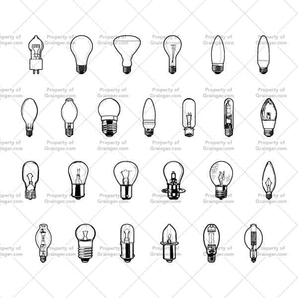 Bulbs #4 | Nick Volkert A selection of technical line art drawings of a smaller type device light bulbs as a search and browse graphic for Grainger dot com.