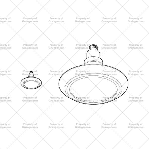 Bulbs #5 | Nick Volkert A selection of technical line art drawings of a single flat headed light bulb at different scales as a search and browse graphic for Grainger dot com.