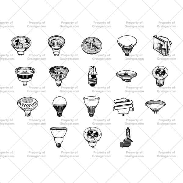 Bulbs #1 | Nick Volkert A selection of technical line art drawings of a variety of light bulbs with different bulb shapes as a search and browse graphic for Grainger dot com.
