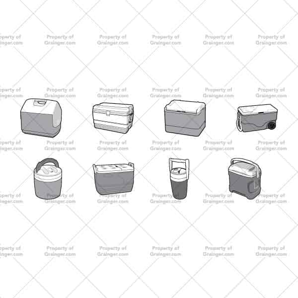 Coolers | Nick Volkert A selection of technical line art drawings of a variety of coolers and drink holders in grayscale for search and browse graphic for Grainger dot com.