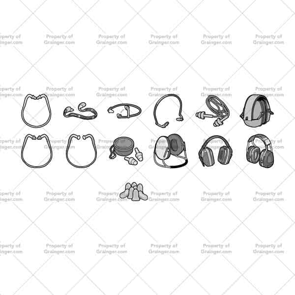 Ear Protection | Nick Volkert A selection of technical line art drawings of a variety of hearing protection in grayscale for search and browse graphic for Grainger dot com.