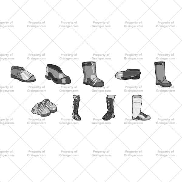 Foot Protection | Nick Volkert A selection of technical line art drawings of a variety of foot protection for factories in grayscale for search and browse graphic for Grainger dot com.