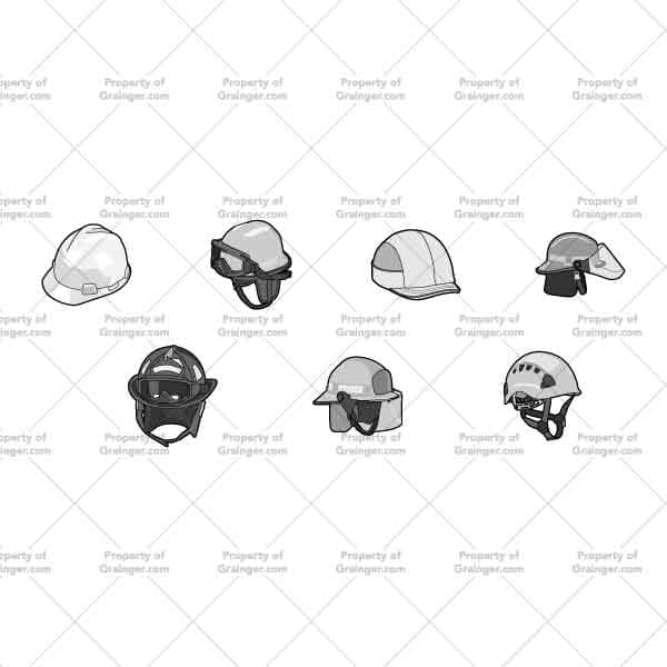 Helmets | Nick Volkert A selection of technical line art drawings of helmets for a variety of professions in grayscale for search and browse graphic for Grainger dot com.