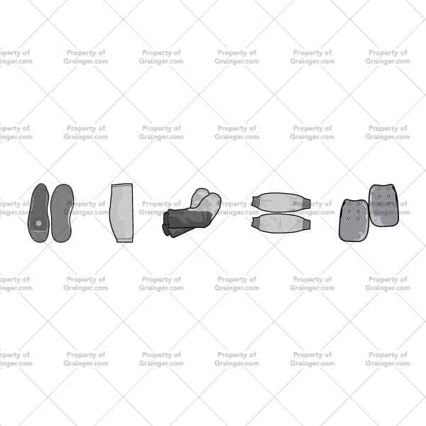 Arm Protectors And Knee Pads | Nick Volkert A selection of technical line art drawings in grayscale of knee pads and arm protectors as a search and browse graphic for Grainger dot com.