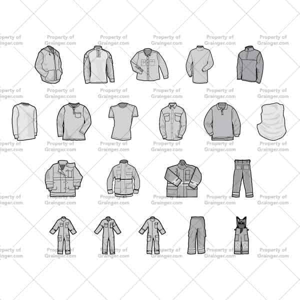 Protective Shirts And Overalls | Nick Volkert A selection of technical line art drawings of protective shirts and overalls in grayscale for search and browse graphic for Grainger dot com.