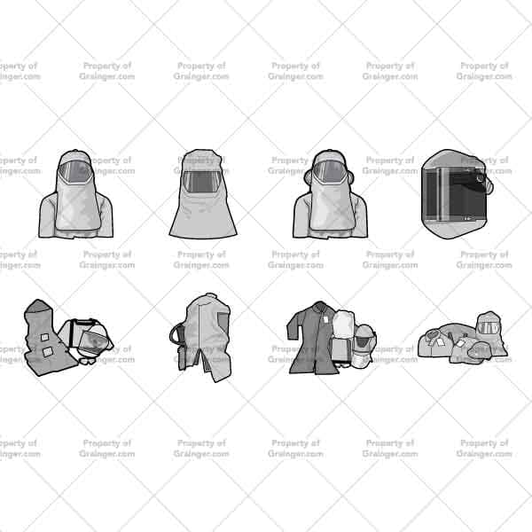 Protective Masks | Nick Volkert A selection of technical line art drawings of protective masks in grayscale for search and browse graphic for Grainger dot com.
