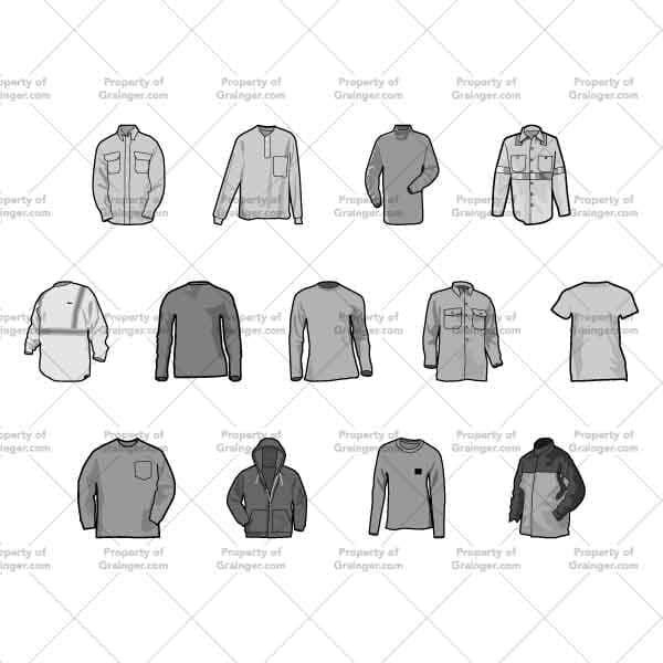 Reflective Shirts | Nick Volkert A selection of technical line art drawings of safety-related reflective shirts in grayscale for search and browse graphic for Grainger dot com.