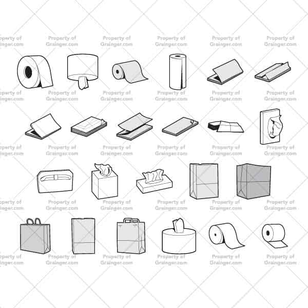 Toiletries | Nick Volkert A selection of technical line art drawings of toiletries and paper products in grayscale for search and browse graphic for Grainger dot com.